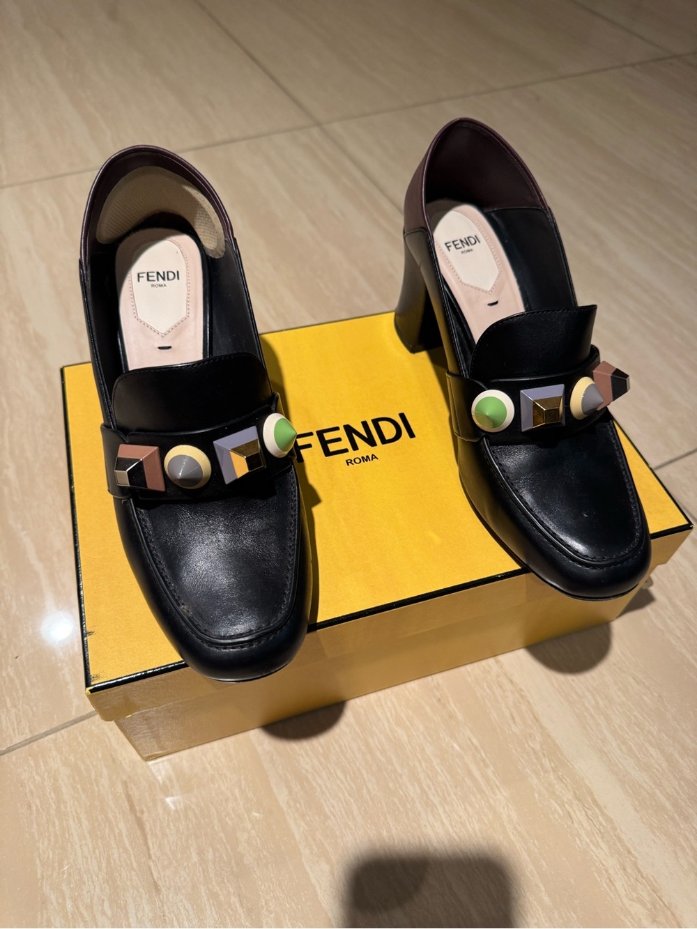 Fendi Black Leather Stud-Embellished Block Heel Loafers